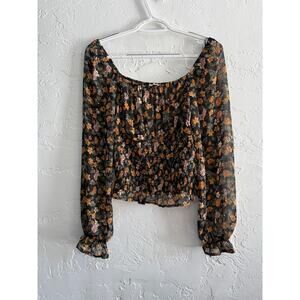 Rabbit Rose floral cinched sheer blouse womens small smocked peasant cottagecore